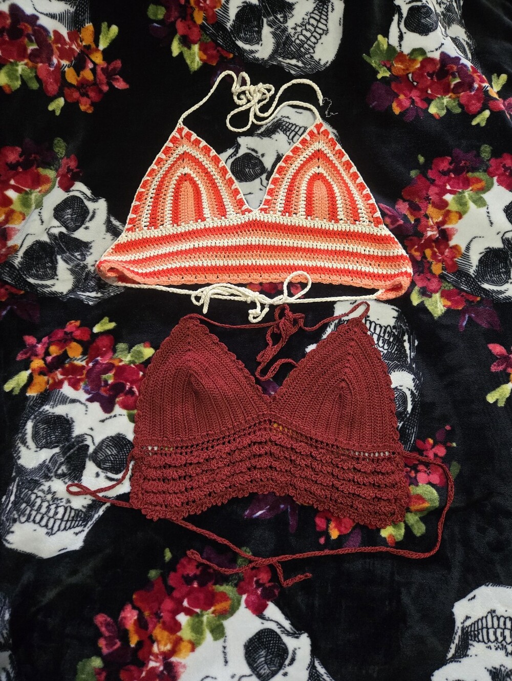 Handmade Crochet Women’s Swim Bikini Tops - Orange/Coral and Burgundy